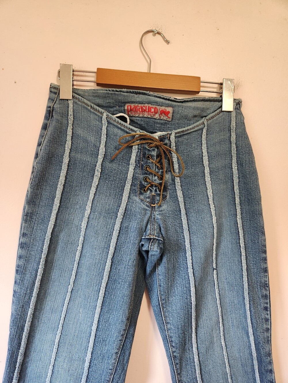 Vintage Y2K Parasuco Low Rise Lace Up Flared Exposed Seam Jeans Size 26 - Picture 2 of 15
